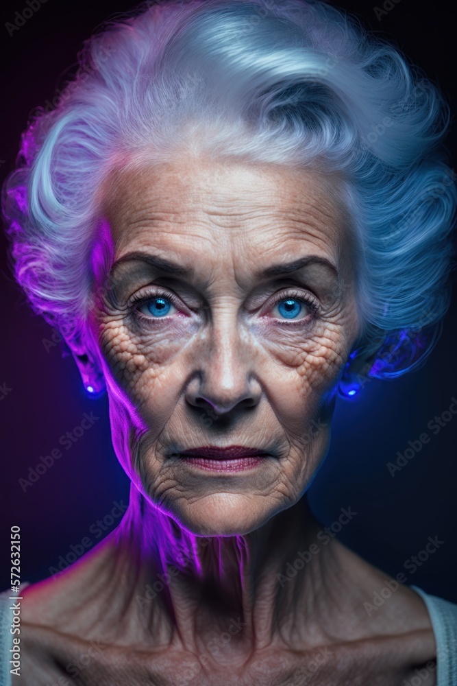 Fotografía de estudio mujer mayor, fotografía moderna con luces de neón a mujer anciana, creado con IA generativa Fotografía de estudio mujer mayor, fotografía moderna con luces de neón a mujer anciana, creado con IA generativa