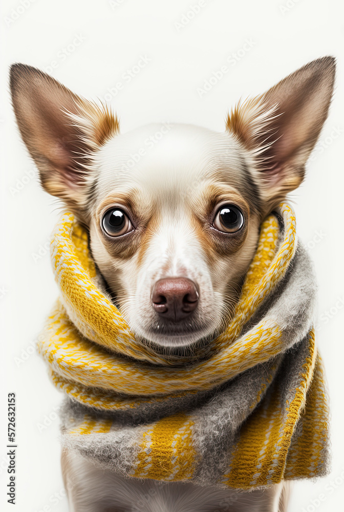 Portrait of a cute young small dog with a yellow scarf covering him. Generative AI.