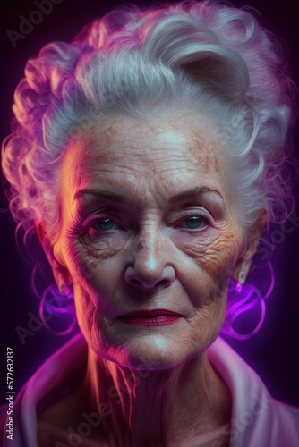 Fotografía de estudio mujer mayor, fotografía moderna con luces de neón a mujer anciana, creado con IA generativa