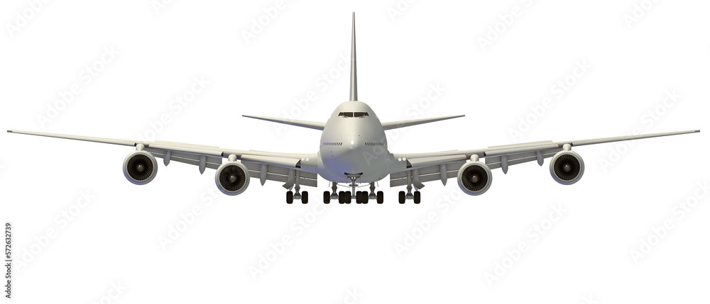 Front view of aircraft in flight 3D rendering on white background Front view of aircraft in flight 3D rendering on white background