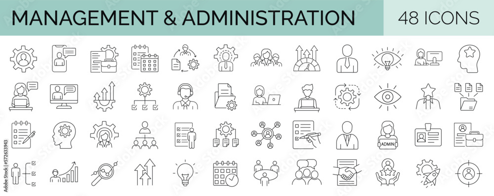 Set of 48 line icons related to management and administration. Editable stroke. Vector illustration - obrazy, fototapety, plakaty 