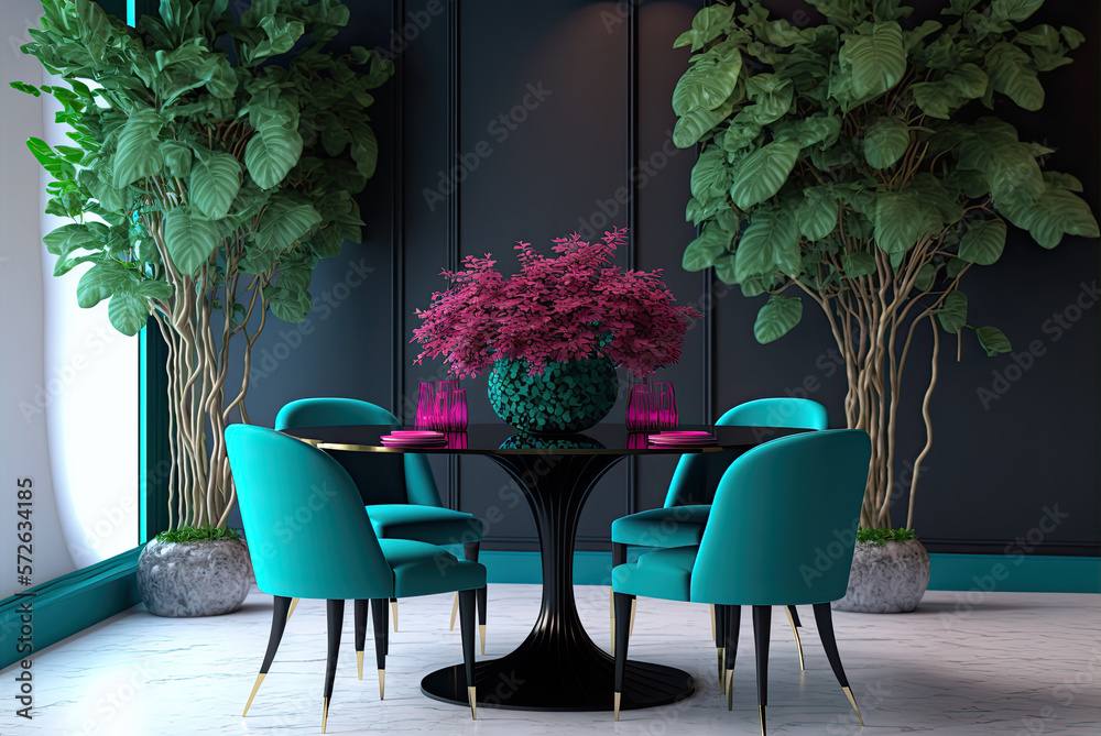 modern dining room colorful with table, flower, tree Generative AI modern dining room colorful with table, flower, tree Generative AI