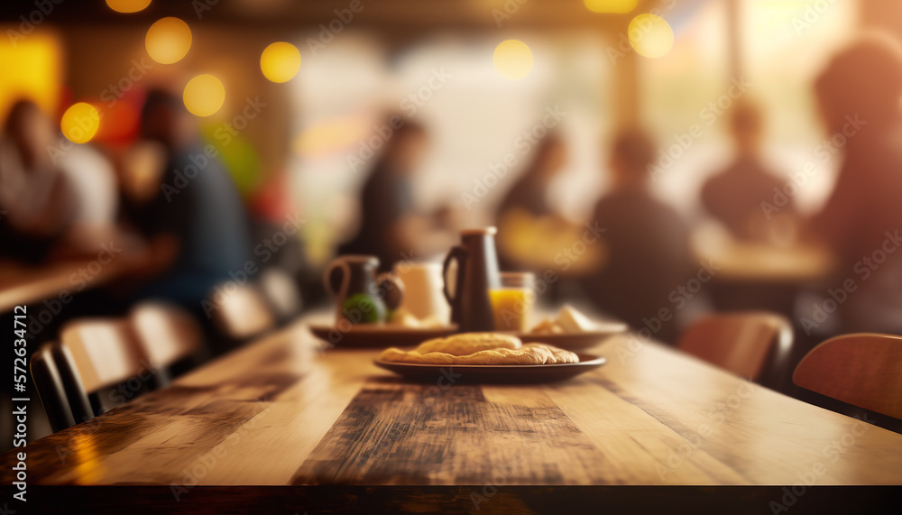 Table en bois vide, vue de dessus, avec un fond restaurant bar flou, des gens mangent et boivent (AI)