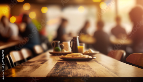 Table en bois vide, vue de dessus, avec un fond restaurant bar flou, des gens mangent et boivent (AI)