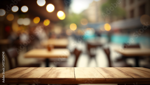 Table en bois vide  vue de dessus  avec un fond flou de terrasse de restaurant ou de bar  ext  rieur  dans la rue  AI 