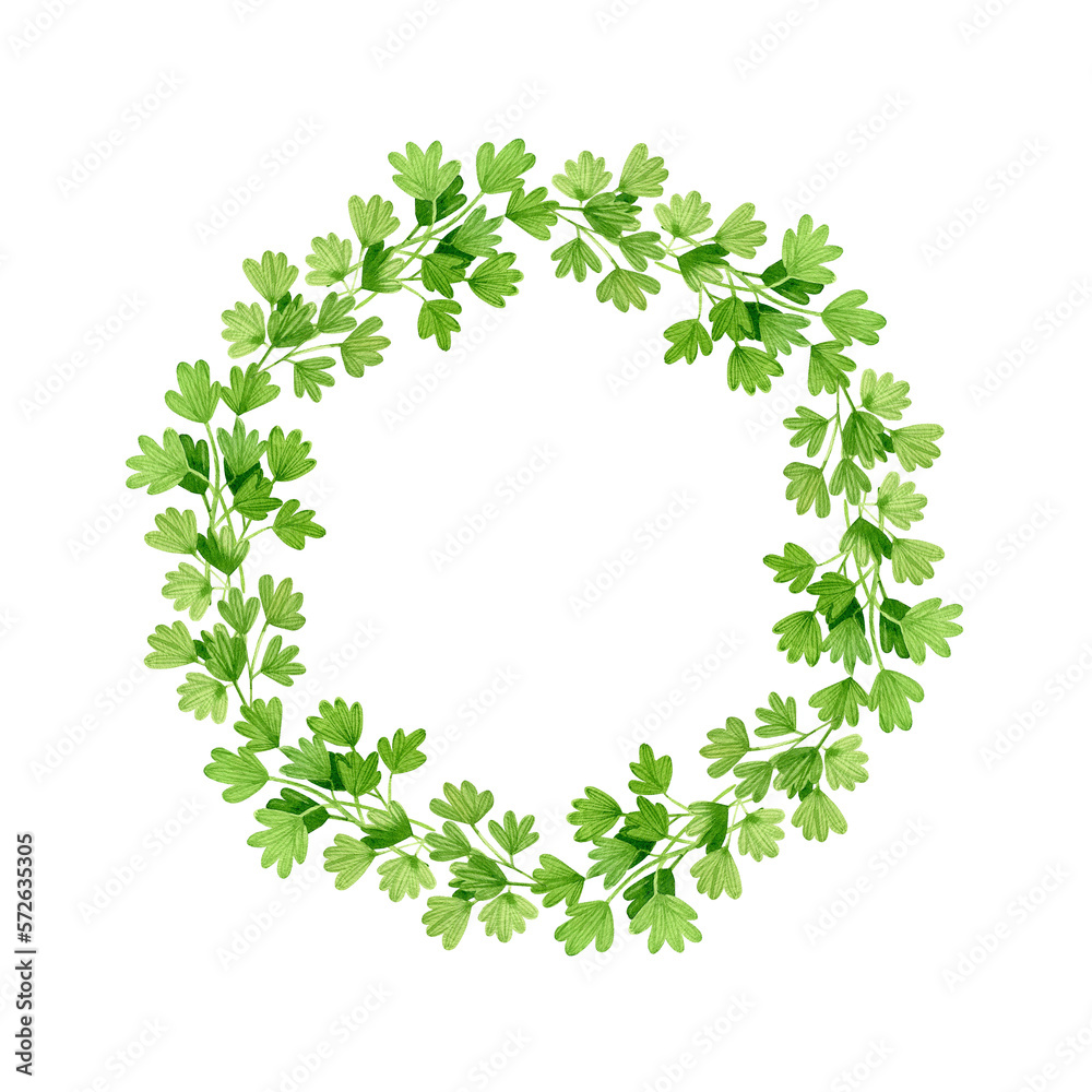 Garden greenery round frame hand drawn in watercolor. Watercolor illustration of a green floral wreath. Template for invitation and greeting card Garden greenery round frame hand drawn in watercolor. Watercolor illustration of a green floral wreath. Template for invitation and greeting card