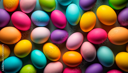 Top down view of colorful Easter eggs on a blue background, generative ai