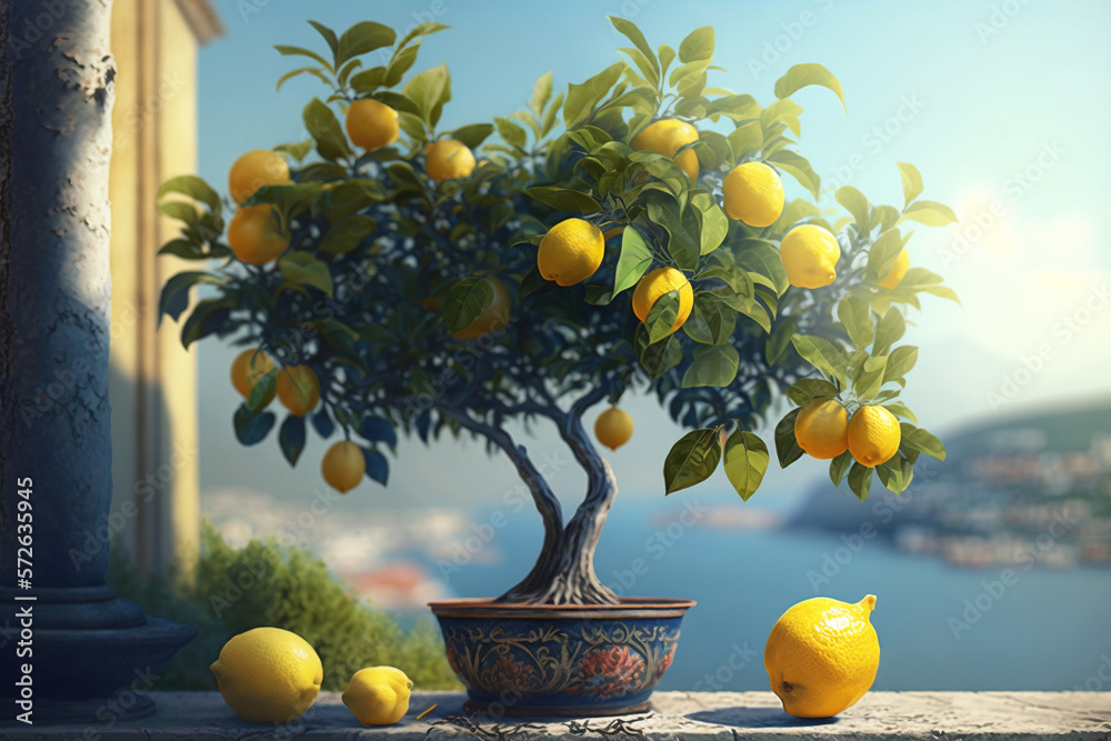 Lemon tree with ripe fruits in a pot and Mediteraneean Sea on background, illustration generative AI