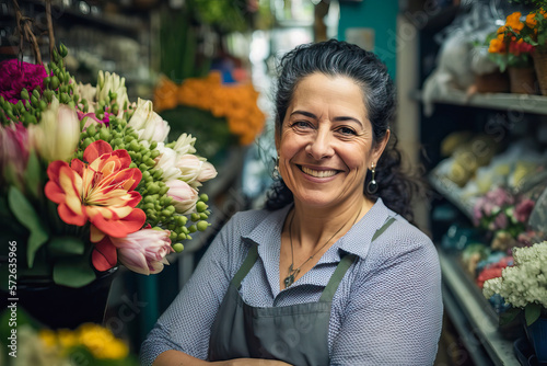 Smiling mature woman in her small business .Small business owner in her plant shop. Generative AI. photo