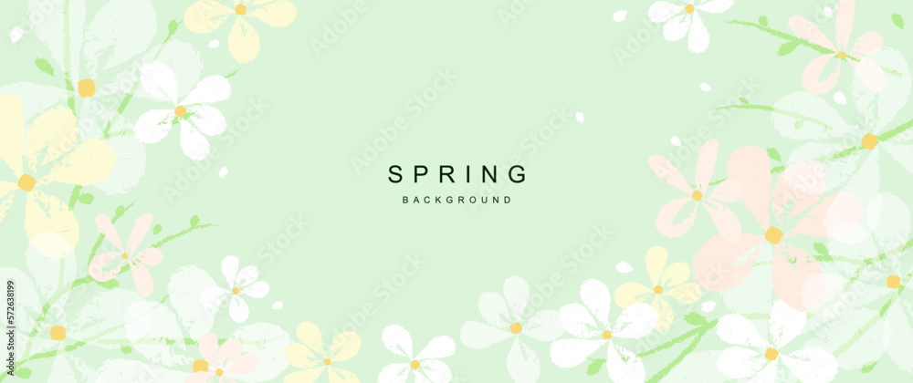Spring abstract vector background with flowers, green branches and leaves. Art illustration for graphic and web design, presentation, wallpaper, poster, banner, card, print, packaging, beauty 