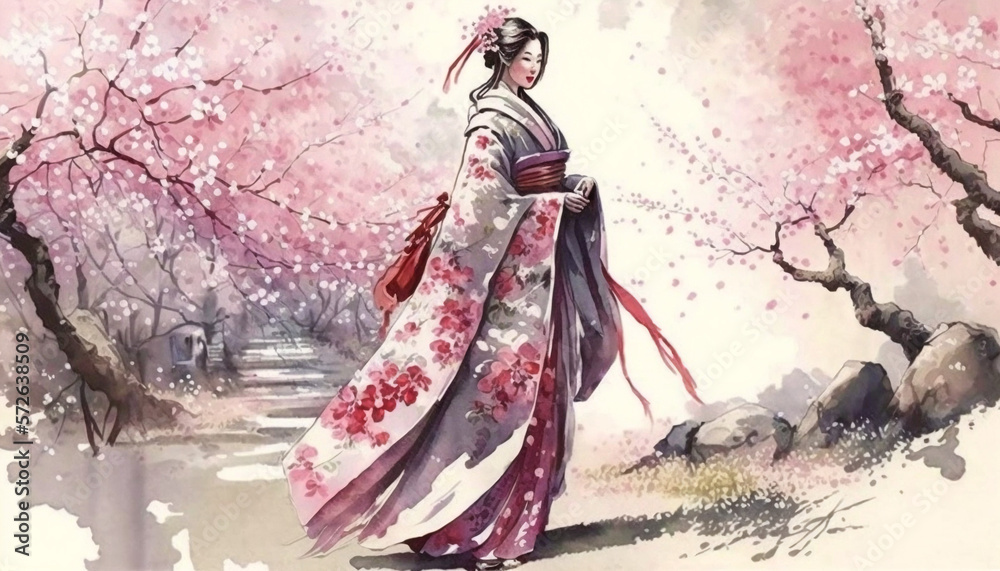 Fototapeta premium Geisha Walking Amidst Cherry Blossoms | Generative AI