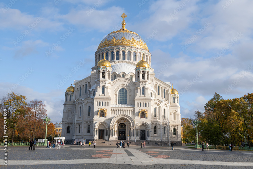 Ancient Cathedral of St. Nicholas the Wonderworker on a golden autumn. Kronstadt