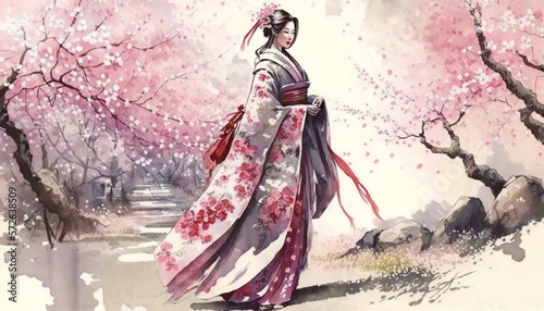 Geisha Walking Amidst Cherry Blossoms | Generative AI