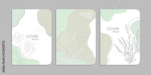 set of book cover designs with hand drawn floral decorations. abstract boho botanical background A4 size pastel blue color For book, binder, diary, planner, brochure, notebook, catalog