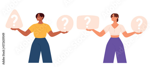 Person making choice concept. People with dilemma choices reply. Man and woman doubt, find two decisions. Flat vector illustration
