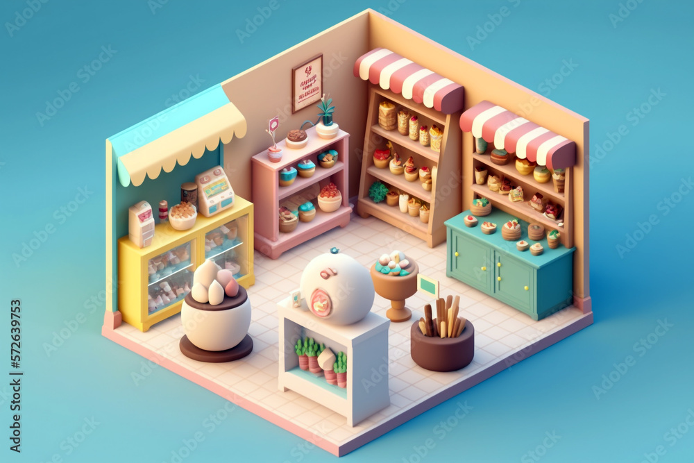 Tiny cute isometric store with soft pastel color. Generative Ai illustration