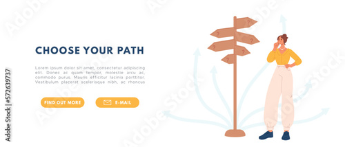 Career path crossroad. Decision business problems concept. Choice true ways. Flat vector illustration