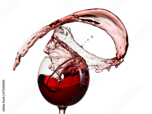 Red wine glass splash, close up on white background
