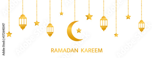 Ramadan Kareem banner with golden lantern, crescent, star, lamp. Greeting garland hanging gold icons. Arabian celebration design element. Islam decoration. Muslim festival. Vector illustration