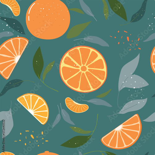 Seamless  pattern with fresh oranges for fabric, label designs, t-shirt print, kids room wallpaper, fruit background. Orange style slices