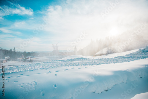 Poprad, Slovakia-December 01 2019 Strbske pleso ( Strbske lake ski resort in winter with snow.