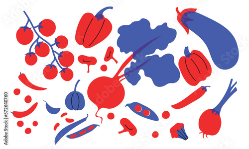 Flat vegetables. Cartoon vector organic vegetables. Pepper, tomatoes, eggplant, cherry, beet. Red and blue set fresh vegetables abstract illustratio