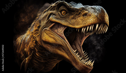Tyrannosaurus tex close-up head and open mouth on black background. Generative AI © masharinkaphotos