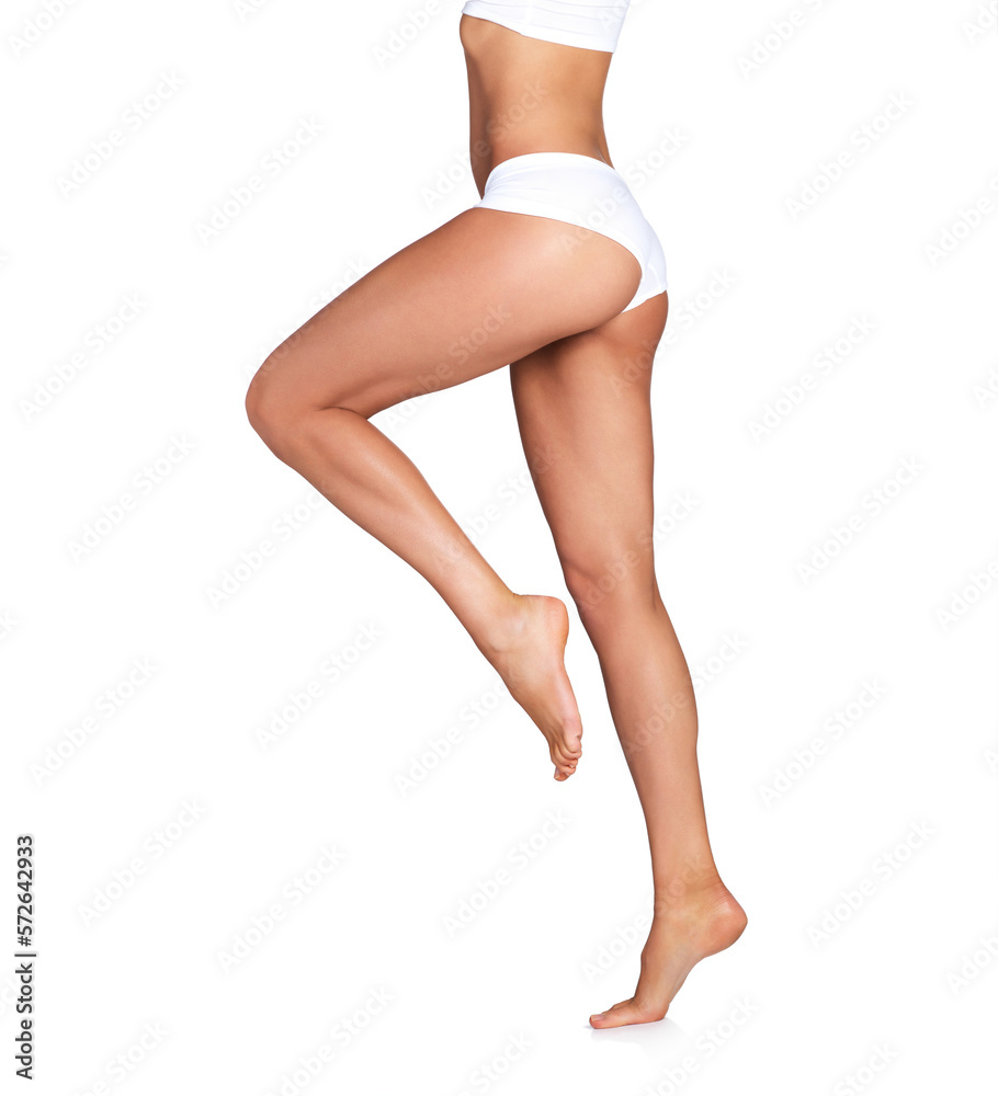 Beauty, legs and woman with mockup in studio for skincare, smooth and soft perfection on white background. Feet, leg and girl model in underwear for skin, glow and luxury wellness while isolated Beauty, legs and woman with mockup in studio for skincare, smooth and soft perfection on white background. Feet, leg and girl model in underwear for skin, glow and luxury wellness while isolated