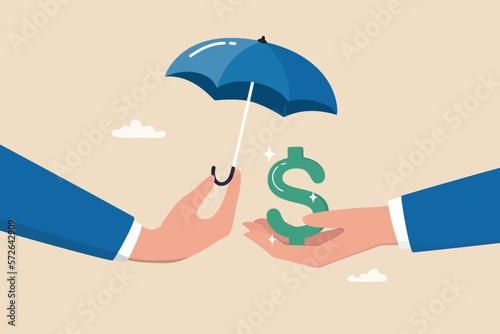 Income protection, security or safety guard protect investment profit, wealth preservation or insurance, risk management concept, businessman hand offer umbrella to protect dollar sign money.