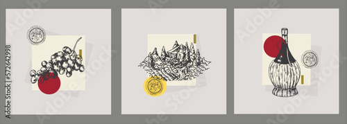 Vector sketch illustration of wine bottles, grapes, barrels, vineyards and more. For label, menu or packaging design.