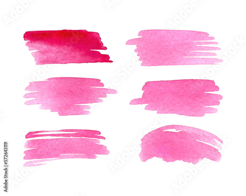 Set pink watercolor brush strokes for design. Pink lipstick, cosmetics, beauty.