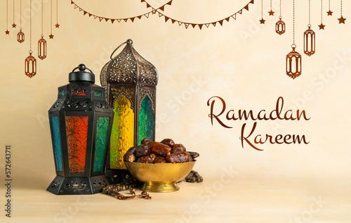 Ramadan background design colourful lantern lamp with dates and tasbih isolated on beige background, Islamic concept Ramadan and Eid Mubarak image photo