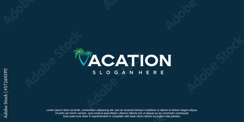 Vacation logo with palm element and unique style concept premium vector