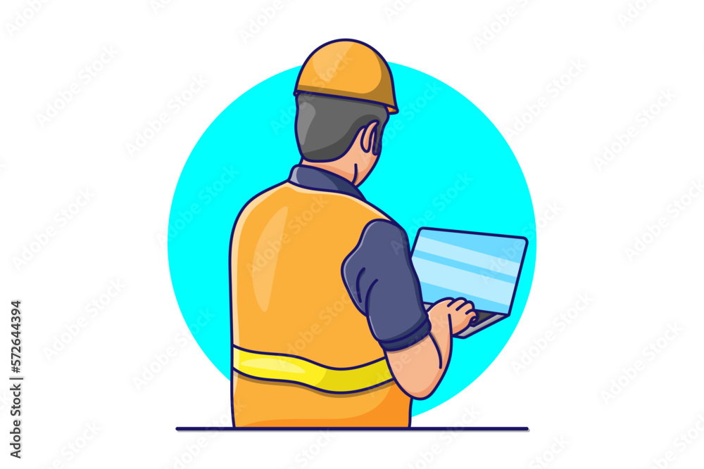 Illustration of a modern construction working man laptop use cartoon vector white background
