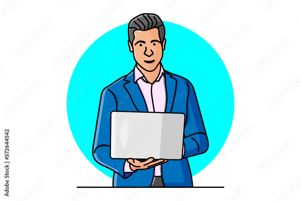 Illustration of a modern business man laptop use line art cartoon vector white background Illustration of a modern business man laptop use line art cartoon vector white background