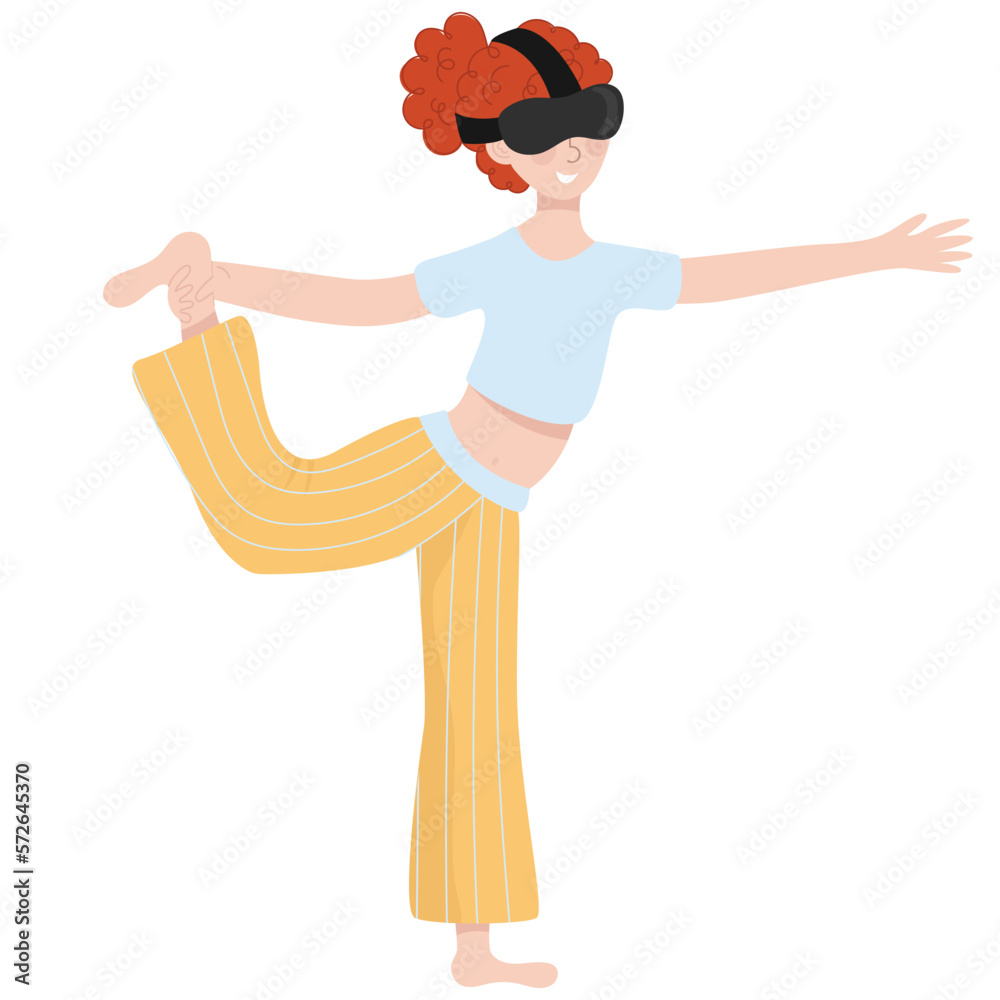 Woman wearing VR glasses for practices yoga and meditation at home. Virtual Reality Technology for mental and physical health. Flat vector illustration. Woman wearing VR glasses for practices yoga and meditation at home. Virtual Reality Technology for mental and physical health. Flat vector illustration.