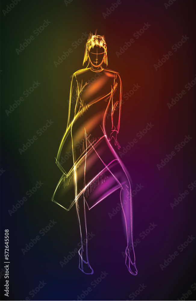 Hand-drawn fashion model from a neon. A light girl's. Fashion girl. Hand-drawn fashion model from a neon. A light girl's. Fashion girl.