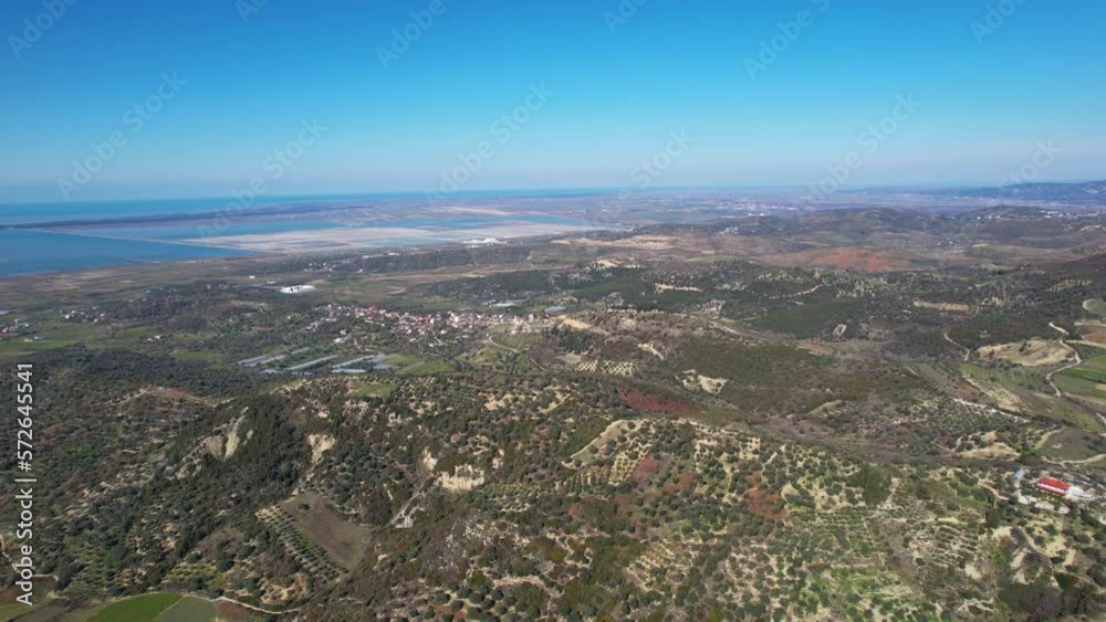 Beautiful coastline seen from hills with olive trees and Narta lagoon in Vlora Albania Beautiful coastline seen from hills with olive trees and Narta lagoon in Vlora Albania