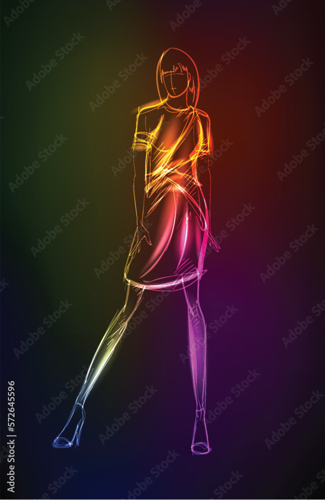 Hand-drawn fashion model from a neon. A light girl's. Fashion girl. Hand-drawn fashion model from a neon. A light girl's. Fashion girl.