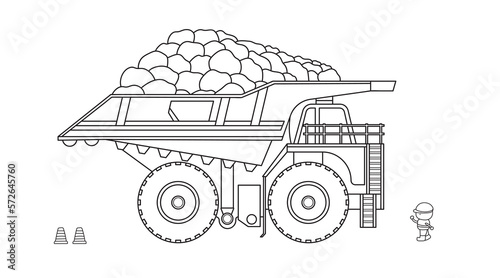 Hand drawn color children construction large size mining truck carrying rocks clipart