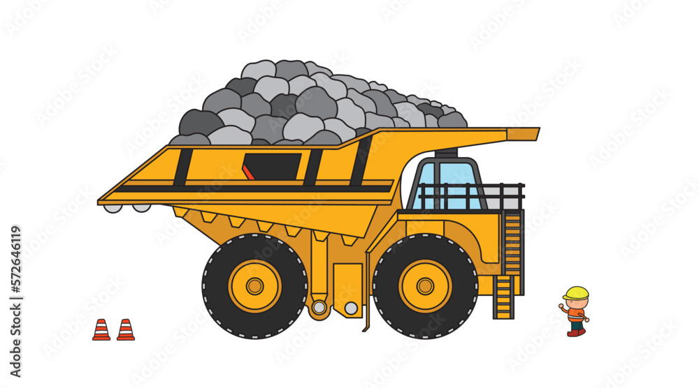 Obraz premium Vector illustration Hand drawn color children construction large size mining truck carrying rocks clipart