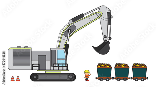Vector illustration color children construction medium size excavator with mining carts and construction worker clipart