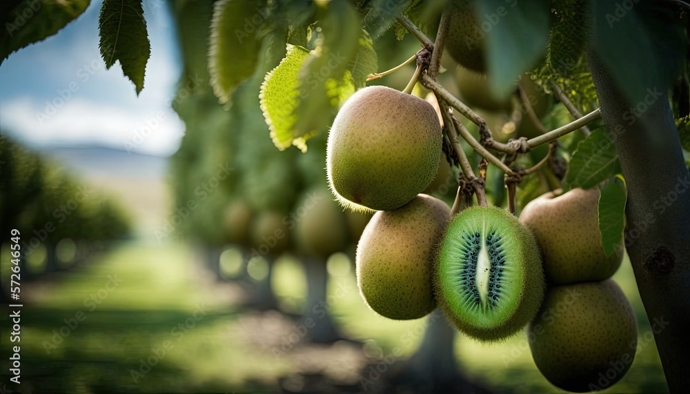 Kiwi on a plantation with clusters of fruits. Season of picking harvest
