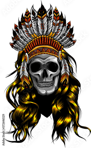 The cartoon of the scary silver skull head using the Indian hat for the mascot inspiration