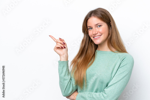 Young caucasian woman isolated on white background pointing finger to the side