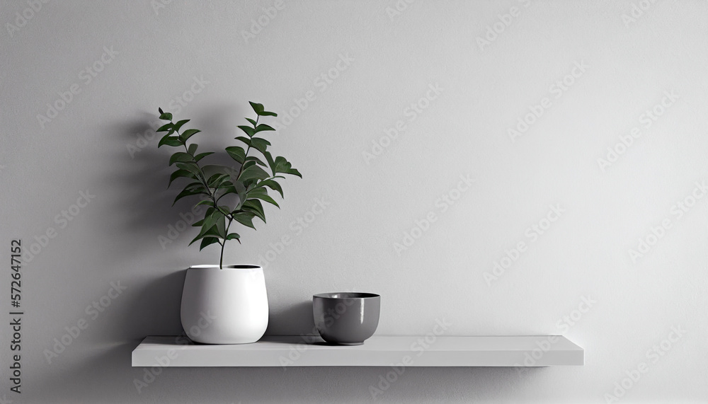 White wall shelf in front of blank text area white wall with small plant in pot created with Generative AI Technology