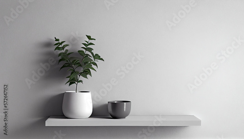 White wall shelf in front of blank text area white wall with small plant in pot created with Generative AI Technology