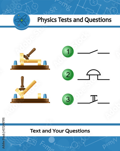 Switch with icons of electronic circuit switch symbols. Simple electric circuit scheme. Physical test. Switch designed for closing, opening of electrical circuits at physics lesson in schools.