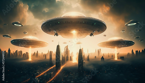 UFO flying over city. Unidentified flying object, Generative ai