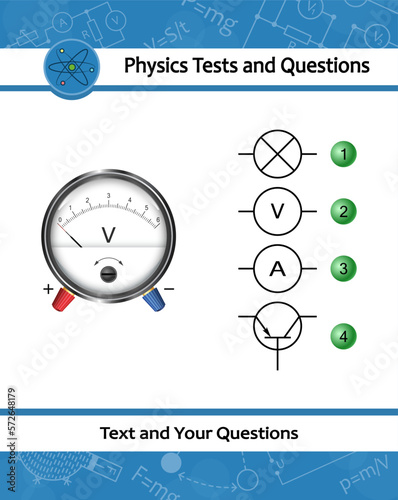 Round voltmeter with metal frame. Voltmeter and icons electrical scheme. Physical test. Find the right answer. Simple electric circuit diagram. Helpful for education in schools at physics lesson.